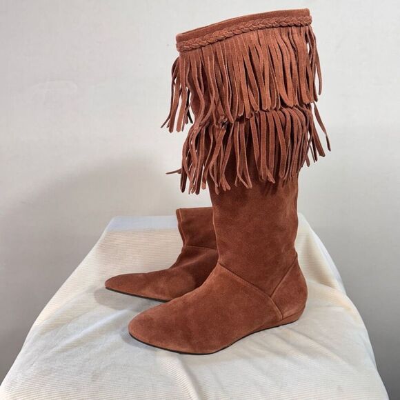 Gianni Bini Womens Suede Achilles Fringe Knee High Festival Boots Brown Size 7.5 - Picture 1 of 9